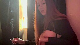 Italian long hair big tits artemisia love dildo handjob while smoking a cigarette