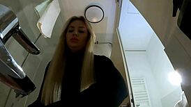 Hot Blonde Babe Strips in Pantyhose and Heels in Bathroom