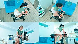 Extended asian athletic workout session on the exercise bike with 18not20