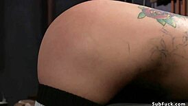 busty babe bent over, ass caned in bondage