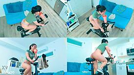 Extended asian athletic workout session on the exercise bike with 18not20