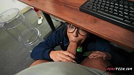 student gives sneaky blowjob under classroom table