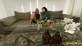 Carla and Sapphire, two kinky lesbians, play with huge dildos and wet pussies in gonzo porn