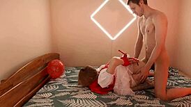 Amateur deepthroat and hard anal sex with girl in red costume