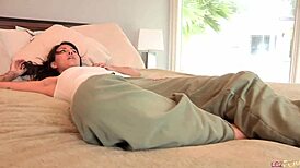 the blonde lesbian intruder takes the brunette to the bedroom where she eats her ass and fingers it