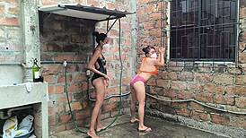 My neighbors' diplomacy crumbles as we unite in the shower, bodies thrilling under spraying water and flashing skin.