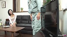 japanese wife with huge tits says to worker, 'let's have cheating sex and creampie'