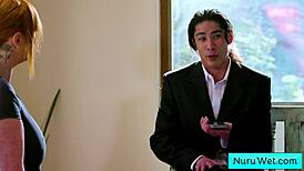 Sexy big tit blonde masseuse explains nuru massage to client