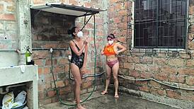 My neighbors' diplomacy crumbles as we unite in the shower, bodies thrilling under spraying water and flashing skin.