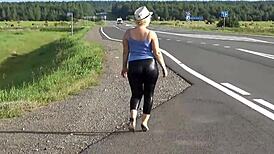 Big ass in leather leggings teases with homemade solo moves