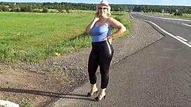 Big ass in leather leggings teases with homemade solo moves