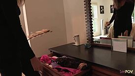 the blonde lesbian intruder takes the brunette to the bedroom where she eats her ass and fingers it