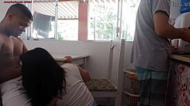 Morning coffee at cuckold's house: while he washes dishes, friend bangs wife hard 😈