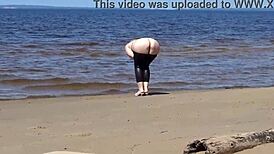 Big Leather Ass Walks on Beach in Heels