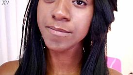 lexxi gives ebony pov blowjob to big white dick, swallowing cum load hands-free