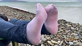 Beautiful nylon feet in jeans outdoor compilation