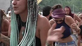 Girls dancing at lively music festival party