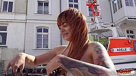 German Scout's Risky Public Anal Casting With Freckled Redhead Model