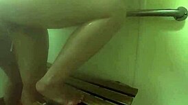 Wife sneaks in some hot sex in the public shower, she whispers.