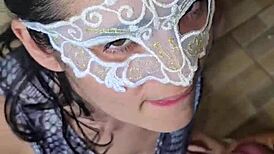 the sexy sailor girl hotwife gives blowjob until she gets cum on her face, facial, natural tits visible