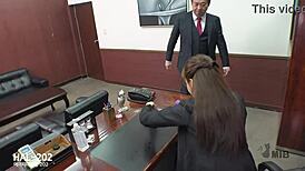 Secretary caught masturbating while her boss is behind the door