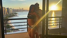 Brunette Babe Enjoys Passionate Cowgirl Sex At Sunset.