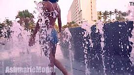 Hairy Babe Wet Mini Skirt In Public, Flashing Her Puffy Nipples Outdoors