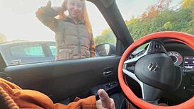 Stranger girl caught me jerking off in public car and showed boobs