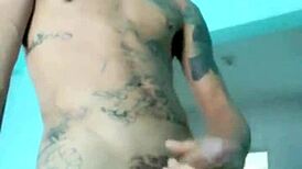 Slim guy shows his toy in living room