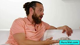 I give a wet nuru massage and rub my natural tits on your back, says the blonde masseuse.