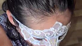 the sexy sailor girl hotwife gives blowjob until she gets cum on her face, facial, natural tits visible