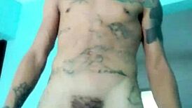 Slim guy shows his toy in living room