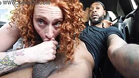 White girl deepthroats huge black cock in public car