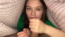 Stepdaughter Climbs Under Blanket For Deep Blowjob To Stepfather