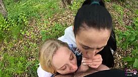 Amateur Threesome Blowjob Outdoors in Forest!