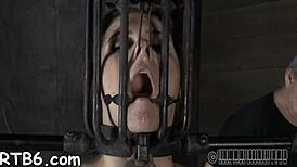 Gagged beauty's tight cunt drilled viciously by massive one-eyed monster