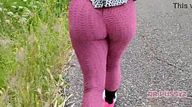 Ebony Woman with Large Butt in Leggings Running Alone in the Forest