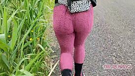 Ebony Woman with Large Butt in Leggings Running Alone in the Forest