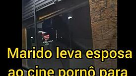 old cuckold husband takes his redhead wife to the public porn cinema where she gets fucked by strangers, blowing and handjobbing them to cum in mouth, with voyeur humiliation