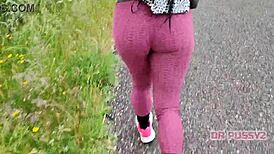 Ebony Woman with Large Butt in Leggings Running Alone in the Forest