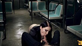 Beautiful Teen Brunette Sucks Stranger's Cock Sloppily On Public Train Close-Up