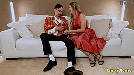 Insatiable blonde feels intense pleasure sucking cock in stockings and shaved pussy