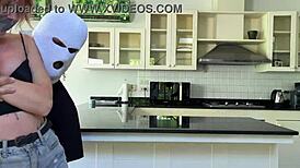 Bound and teased on the countertop of desire.