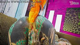 tattooed girl in fishnets and heels plays with toys solo