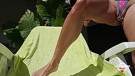 Nippleringlover kinky pussy vibrator play outdoor - pumped pussy - huge pierced nipples.