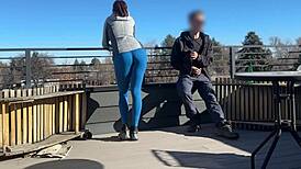 Dickflash roof adventure! Little redhead slut gives fast handjob and blowjob while boyfriend waits