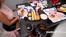 at the holiday party, asian-latina milfs got on knees for a family feast pov.