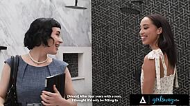 busty olive glass & petite alexis tae take turns fucking with strap-on