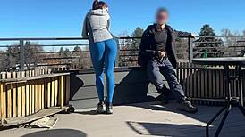 Dickflash roof adventure! Little redhead slut gives fast handjob and blowjob while boyfriend waits