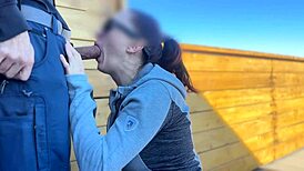 Dickflash roof adventure! Little redhead slut gives fast handjob and blowjob while boyfriend waits